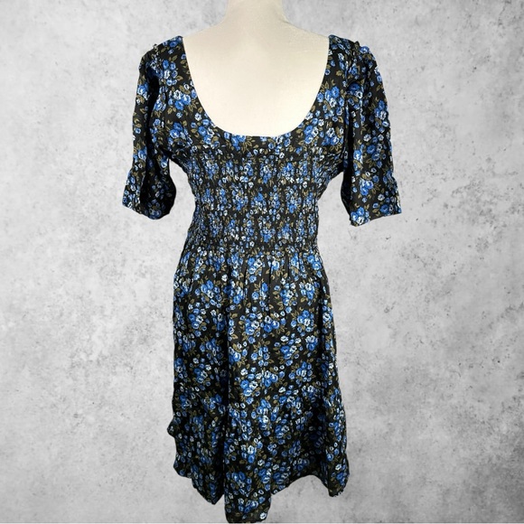 NWT Gap Soft Cotton Blue Floral Mini Tiered Dress Puff Sleeve Spring Summer XXL - Picture 4 of 7
